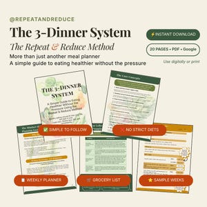 May include: A digital meal planning guide titled The 3-Dinner System, featuring the Repeat & Reduce Method. The document includes 20 pages in PDF and Google formats, with sections for core concepts, weekly planning, grocery lists, and sample weeks.