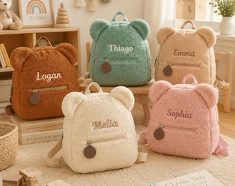 Zaino personalizzato con orsetto di peluche, zaino per bambini con nome ricamato personalizzato, borsa sherpa per la scuola materna, zaino carino per l'asilo nido, primo zaino regalo