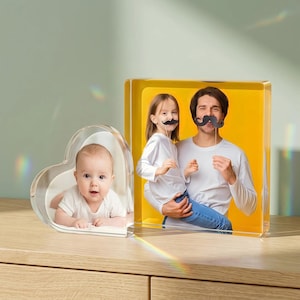 Custom Acrylic Photo Block, Heart Square Photo Plaque, Personalized Anniversary Gift for Couples, Picture Keepsake, Desk Display Frame