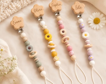 Personalized Daisy Pacifier Clip, Engraved Wooden Binky Holder, Silicone Beaded Paci Clip, Custom Name Baby Shower Gift, Boho Baby Gift