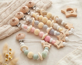 Personalized Daisy Pacifier Clip, Engraved Wooden Binky Holder, Silicone Beaded Paci Clip, Custom Name Baby Shower Gift, Boho Baby Gift