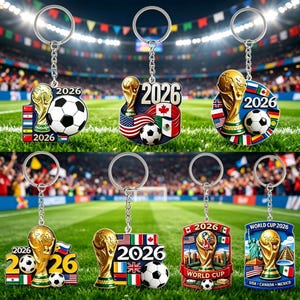 May include: A collection of seven metal keychains featuring the 2026 World Cup trophy, soccer balls, and various national flags. Each keychain includes a silver ring and chain, with designs incorporating the year 2026 and soccer-themed imagery.