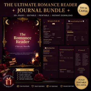 May include: A digital journal bundle titled The Ultimate Romance Reader Journal Bundle, featuring dark purple backgrounds with gold ornate frames, red roses, and candles. Includes pages for reading goals, stats, and reader profiles in A4 and US Letter.