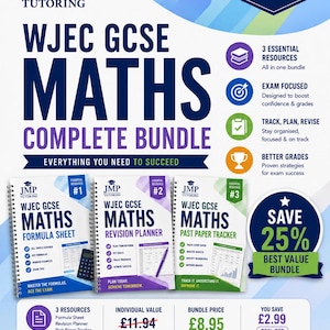 Könnte beinhalten: Ein JMP Tutoring WJEC GCSE Mathe-Komplettpaket mit drei spiralgebundenen Ressourcen: einem Formelblatt, einem Revisionsplaner und einem Tracker für vergangene Prüfungen. Der Werbeflyer enthält Text über prüfungsorientierte Inhalte, ein 25%-Sparangebot und Preise in britischen Pfund, die Ressourcen für den Erfolg von Schülern hervorheben.