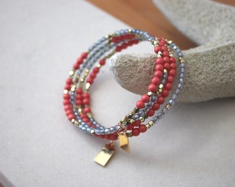 18k Gold Wrap Bracelet with Blue Faceted and Pink Accent Beads