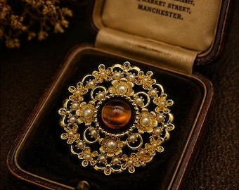 Vintage Baroque Brooch, Amber Crystal Pearl Statement Jewelry, Antique Gold Filigree Floral