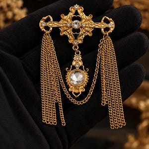 May include: A gold-tone metal brooch featuring an ornate cross-shaped top with clear rhinestones and a central circular stone. Two long, multi-strand gold chains hang from the sides, connected by a central dangling pendant with a clear stone.