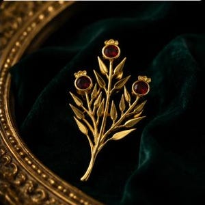 Könnte beinhalten: Eine goldfarbene Brosche in Form eines botanischen Zweigs mit mehreren spitzen Blättern und drei kreisförmigen Fassungen, die jeweils einen tiefroten Edelstein enthalten. Das Design zeigt einen zentralen Stiel, der sich in drei Blütenköpfe verzweigt.