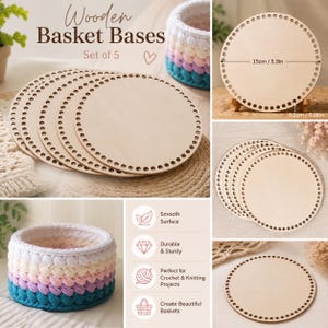 May include: A set of five circular light-colored wooden basket bases with pre-drilled holes along the edges. Each base measures 15 cm or 5.9 inches in diameter and 0.2 cm or 0.08 inches in thickness. The text Wooden Basket Bases Set of 5 is visible.