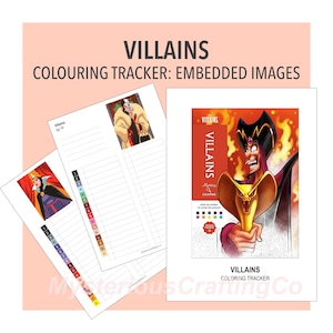 May include: A Villains coloring tracker with embedded images featuring printed pages with numbered color keys and character illustrations. The sheets display text including Villains, Coloring Tracker, and Mystery Coloring, with colorful character graphics.