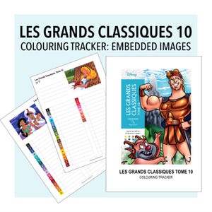 May include: A set of printable tracking sheets for Les Grands Classiques Tome 10, featuring color-coded number and letter grids. The sheets display Disney characters including Hercules, Phil, Alice, Jasmine, and Aladdin, with clear text labels.