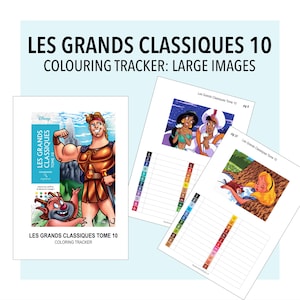 May include: A Les Grands Classiques Tome 10 coloring tracker featuring large images. The set includes a cover page with Hercules and Phil, and two internal pages showing Disney characters like Jasmine, Aladdin, and Alice with color-coded letter keys.