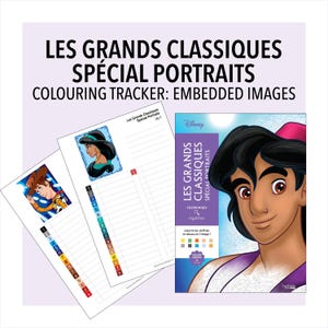 May include: A coloring tracker for the book Les Grands Classiques Spécial Portraits, featuring two printed sheets with numbered color keys and character illustrations, alongside the book cover showing Aladdin with a color-by-number grid.