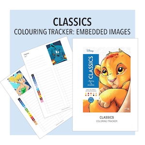 May include: A Classics Colouring Tracker with embedded images featuring a Disney lion cub, Tinker Bell, and a genie. The pages include numbered and lettered color-coded lists alongside blank lines for tracking progress in a mystery coloring book.