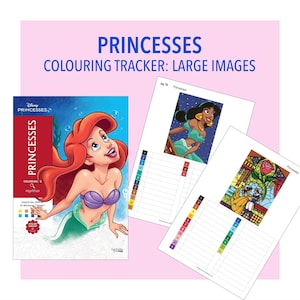 Pode incluir: Um livro de colorir Disney Princesses com Ariel na capa, junto com duas folhas de rastreamento impressas. O texto diz PRINCESSES COLOURING TRACKER: LARGE IMAGES, pg 79 e Princesses. As folhas incluem chaves de cores numeradas.