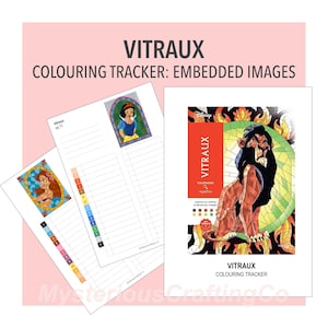 May include: A Vitraux colouring tracker featuring two printed sheets with numbered color keys and character illustrations, alongside a book cover displaying a stained-glass style image of Scar from The Lion King with the text Vitraux Colouring Tracker.