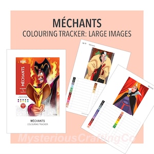 Pode incluir: Um rastreador de colorir intitulado MÉCHANTS COLOURING TRACKER: LARGE IMAGES com três páginas de ilustrações de vilões animados. Cada página inclui uma legenda codificada por cores com números e letras para as seções da obra de arte.