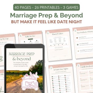May include: A digital tablet displays a cover page titled Marriage Prep & Beyond with a car illustration on a country road. Surrounding the tablet are several printable pages featuring text like Shared Values, Two Truths & A Worry, and 30 Little Date Nights.