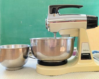 Vintage Sunbeam 12-Speed Stand Mixer Chrome/Almond 2 SS Bowls 1-43BQ Tested