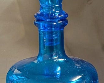 Empoli Italy Blue Crackle Glass Decanter Pointed Stopper Mid Century Modern 12"T