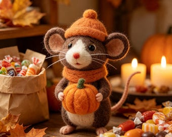 Nadelfilz-Herbstmaus mit Kürbis, handgefertigte Wollfilz-Mausfigur, Halloween-Maus-Ornament, Geschenk zum Erntedankfest