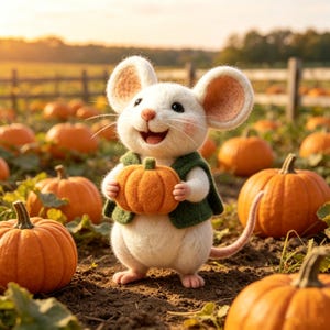 May include: A needle-felted white mouse figurine with large ears and pink cheeks, wearing a dark green vest and holding a small orange felted pumpkin. The mouse stands in a field filled with numerous orange pumpkins under a warm sunset sky.