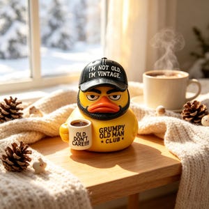 Puede incluir: Un pato de goma amarillo con barba negra y una gorra negra que dice I'M NOT OLD, I'M VINTAGE. El pato sostiene una pequeña taza blanca con la etiqueta OLD DON'T CARE!!!! y presenta el texto GRUMPY OLD MAN CLUB en su pecho.