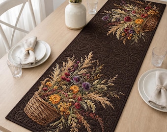 Quilted Autumn Harvest Basket Table Runner, Rustic Floral Farmhouse Décor