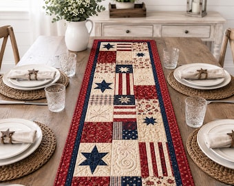 Patchwork Americana Quilted Table Runner, Stars Stripes Farmhouse Decor