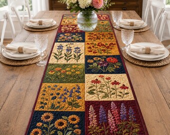 Quilted Wildflower Table Runner, Botanical Patchwork Farmhouse Decor