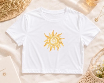 Yellow Spiral Sun crop tee | Sunburst graphic crop top