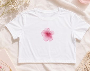 Pink Watercolor Hibiscus Crop Tee | Floral Minimalist Center Print