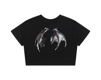 Baby Tee Seamless T-Shirt | Gothic Bat Wings Baby Tee | Dark Alternative Y2K Graphic Crop Top