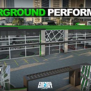 May include: A modern two-story commercial building with black and green exterior accents, large glass windows, and the text UNDERGROUND PERFORMANCE displayed prominently. Two smaller inset images show the interior with green lighting and car displays.