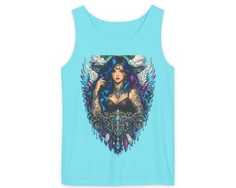 Mystic Blue Winged Goddess tank top | Fantasy Angel Illustration