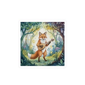 May include: A sticker featuring a watercolor illustration of an orange and white fox standing in a forest, playing a brown lute. The fox is surrounded by green trees, foliage, and glowing yellow orbs, with small purple mushrooms on the ground.
