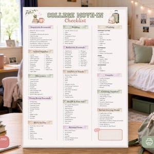 May include: A white college move-in checklist printed on paper with green and pink headers. The document features categorized lists for important documents, school supplies, bedding, bathroom essentials, kitchen, clothing, laundry, and cleaning supplies.