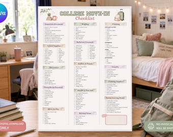 Può includere: Una lista di controllo per il trasloco al college stampata su carta bianca con intestazioni verdi e rosa. Il documento presenta elenchi categorizzati per documenti importanti, materiale scolastico, biancheria da letto, articoli da bagno e cucina.