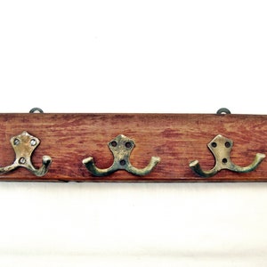 Antique vintage wooden wall hanger Coat rack brass hooks Shabby chic Rustic decor