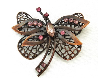 broche vintage en cuivre Filigree Butterfly avec pierres roses