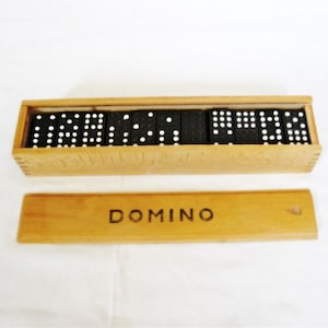 Vintage Bakelite Dominoes in Wooden box 55 black pieces