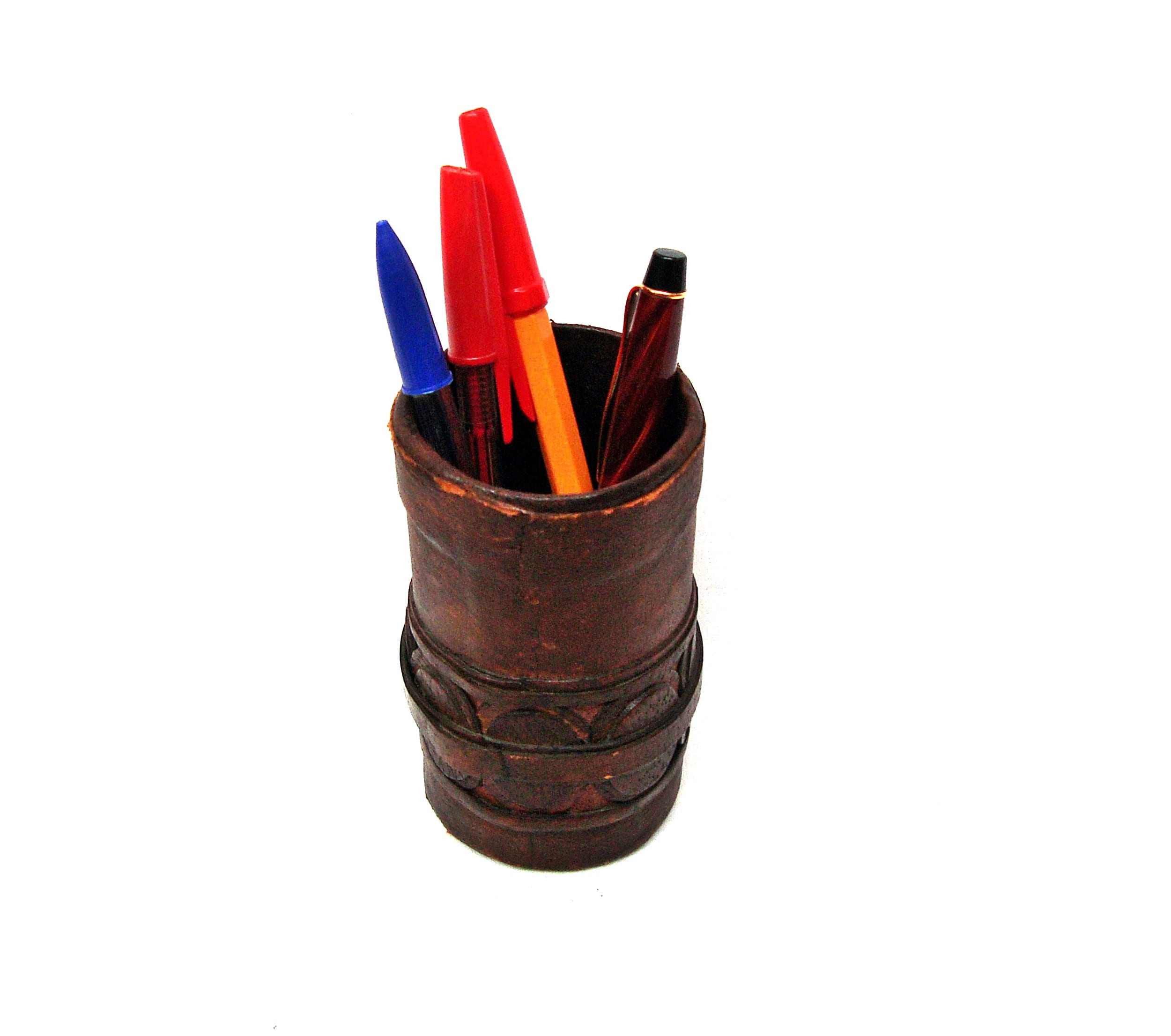 Porte-crayons/stylo en cuir vintage bol fait main ornements en céramique -   France