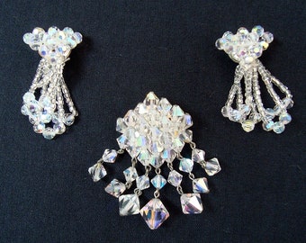 Vintage clip on earrings and brooch Wedding jewelry Mid century