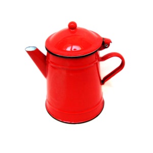Vintage red enamel teapot French Country kitchen kettle