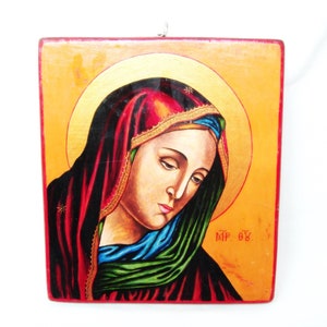 Vintage hand painted icon Mother of God Orthodox Christian icon Made in 70s