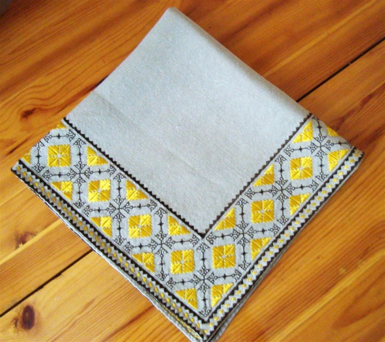 Tablecloth Bulgarian embroidery Table runner Flax panama tablecloth Yellow and brown silk embroidery