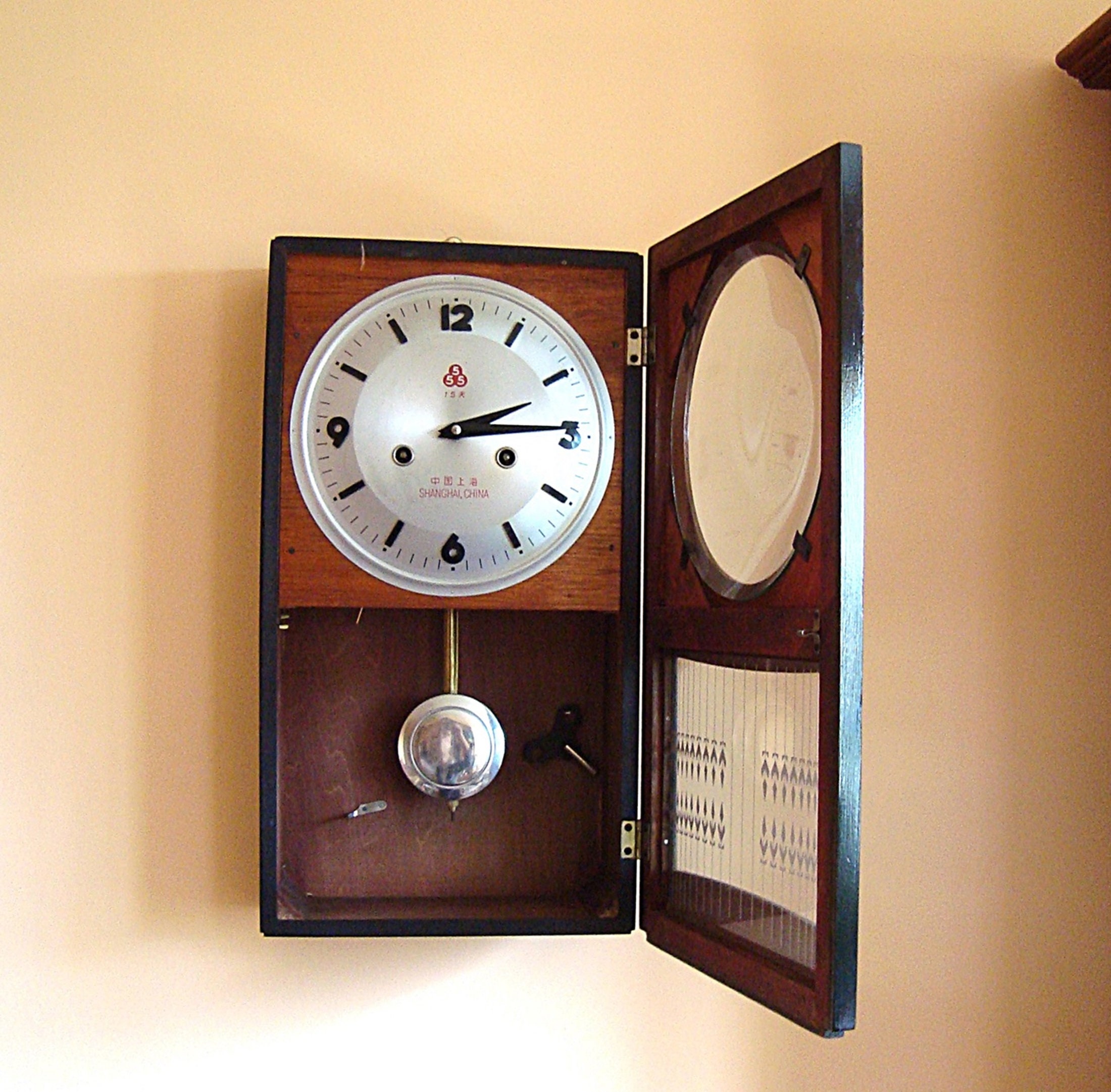 shanghai アンティーク　オリジナル　置き時計 Vintage Wall Clock Shanghai Wood & Glass Mechanical Movement Made