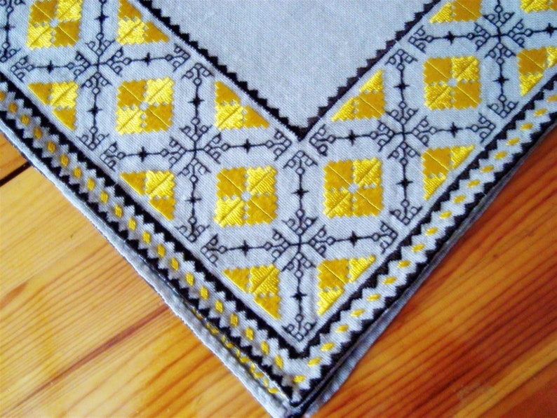 Tablecloth Bulgarian embroidery Table runner Flax panama tablecloth Yellow and brown silk embroidery