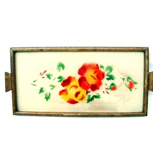 Vintage wooden serving tray with glass Hand-painted Farmhouse decor