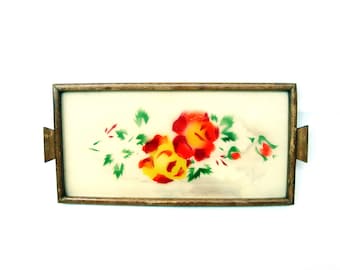 Bandeja de servir de madera vintage con cristal, pintada a mano, estilo rústico.